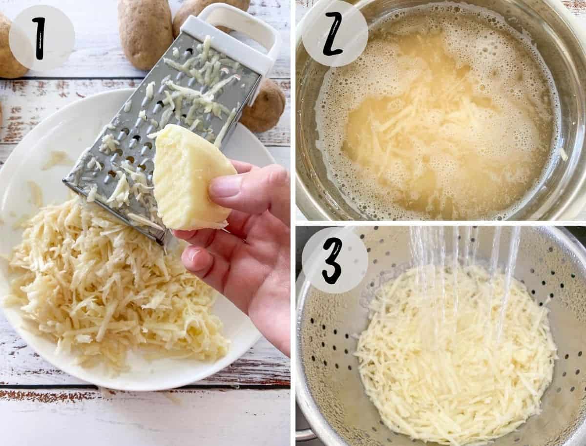 collage of images of shredding potatoes with box grater, and then soaking and rinsing the potato shreds