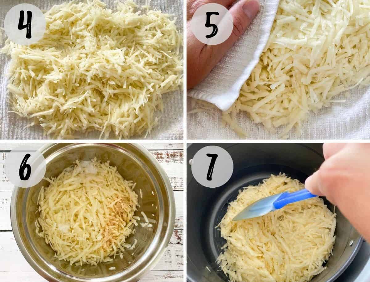 collage of images of shredded potatoes laid out on a dish towel, then in bowl with seasoning.