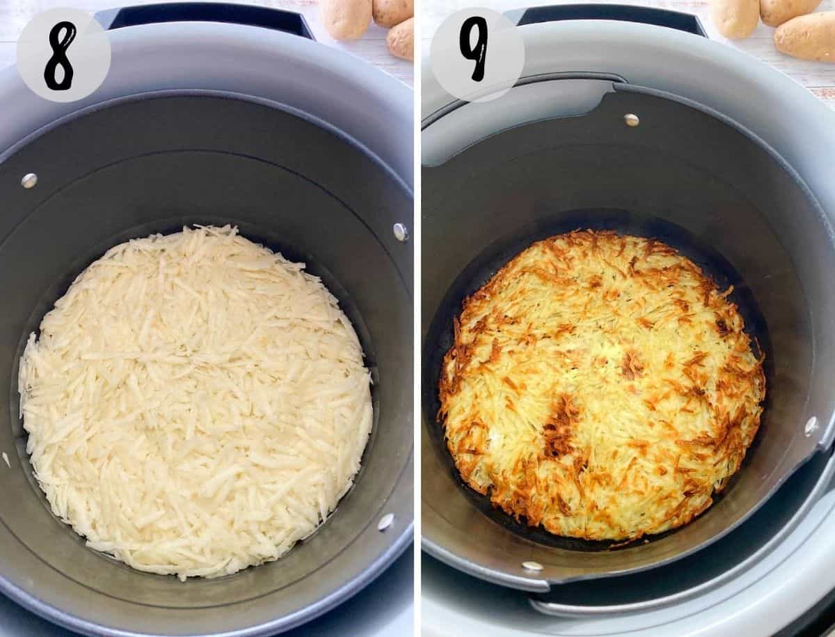 shredded potatoes in a layer inside ninja foodi basket before and after cooking