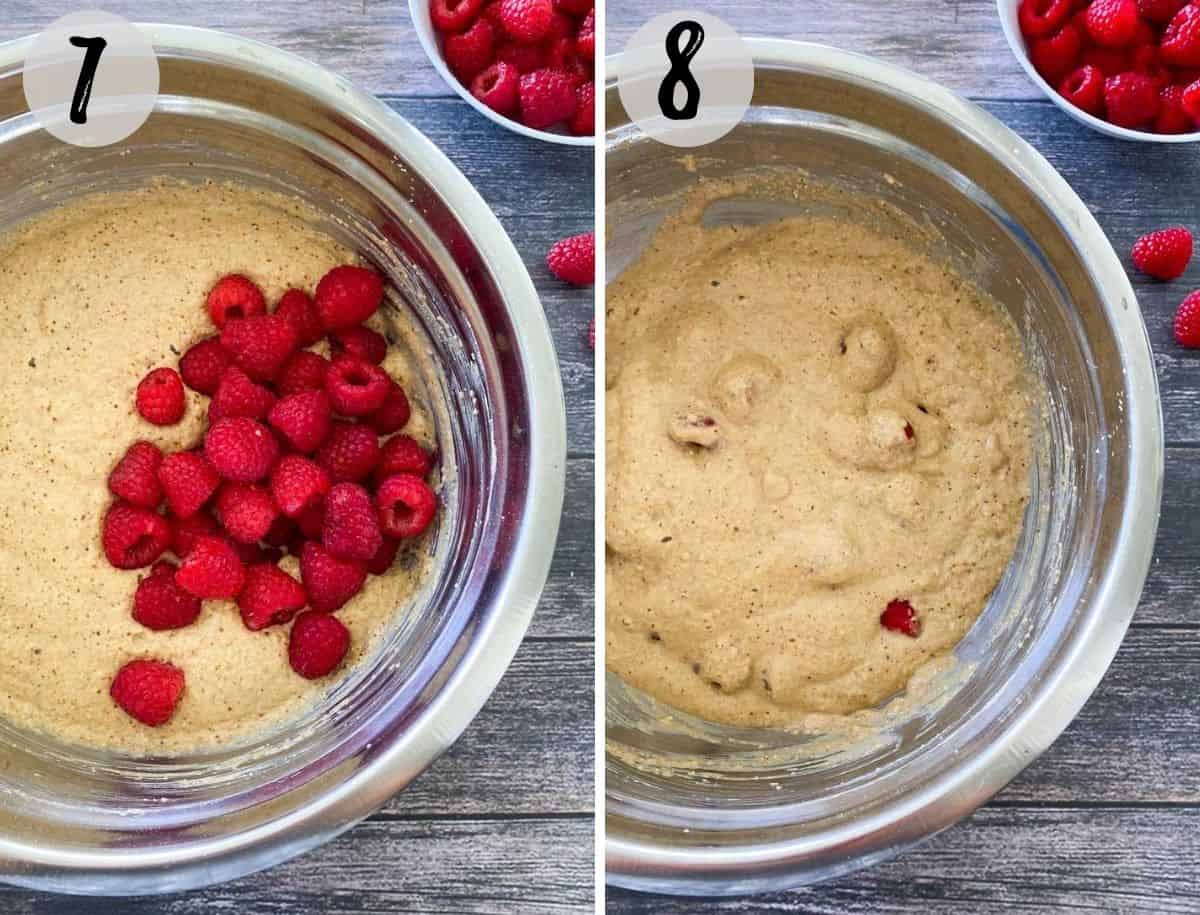 muffin batter in large mixing bowl with raspberries on top