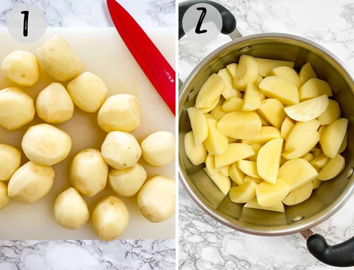 Potatoes on cutting board, and then quartered potatoes in pot.