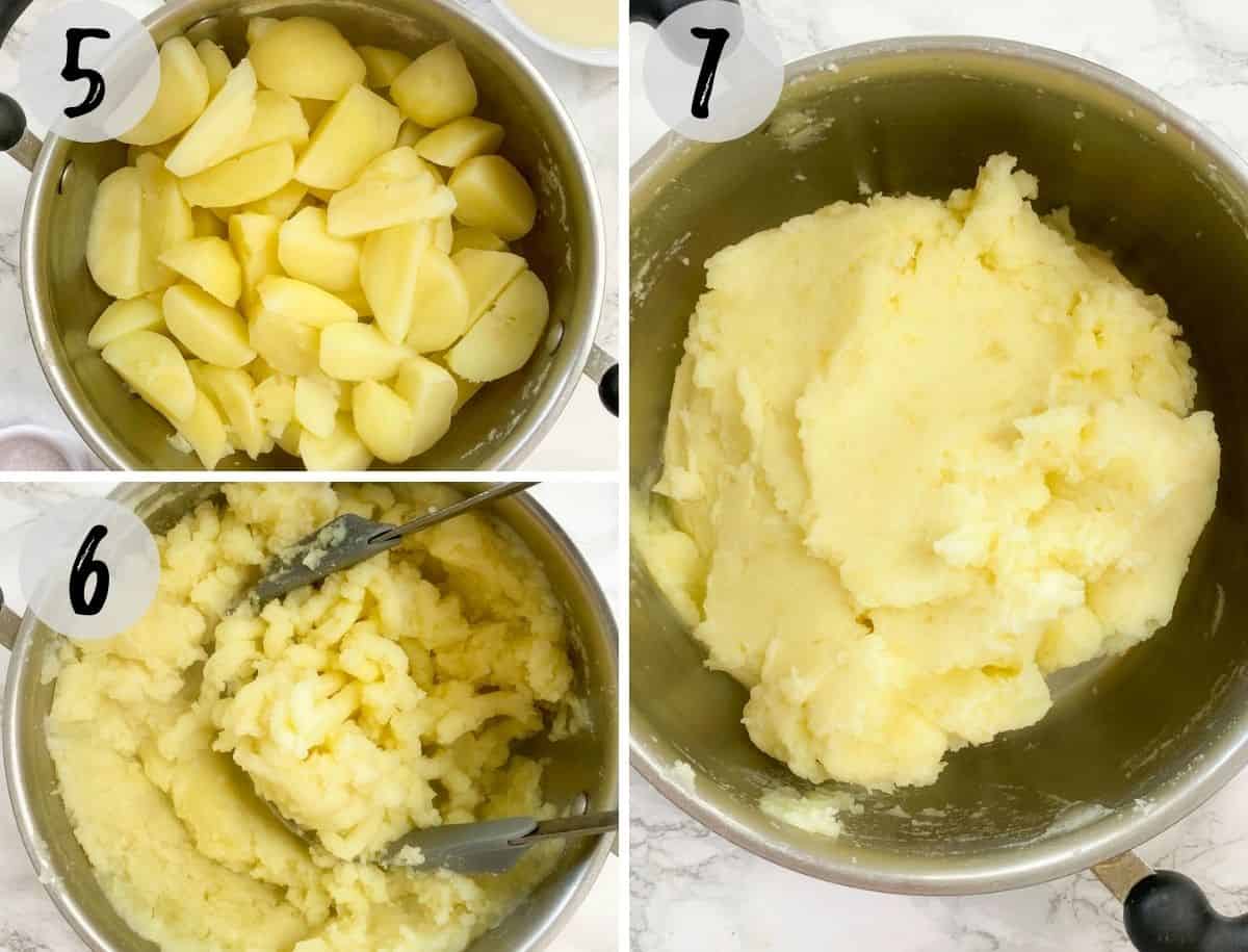 Collage of images of cooked potatoes in pot being mashed into mashed potatoes.