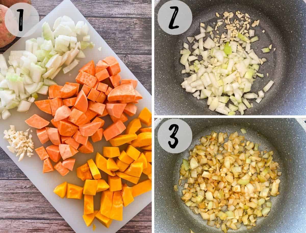 Chopped veggies on cutting board and then being sauteed in large pot.