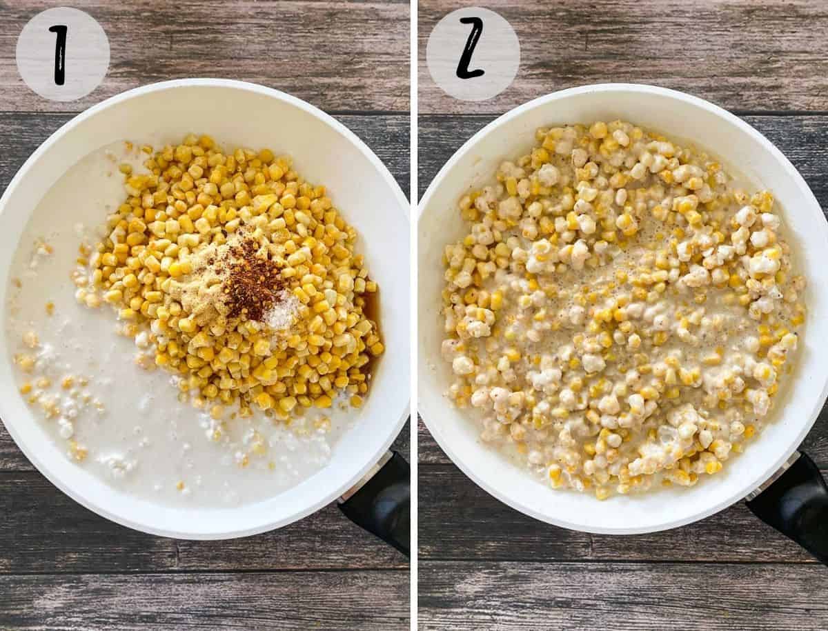 Pan with frozen corn, milk and seasoning inside, before and after mixing.