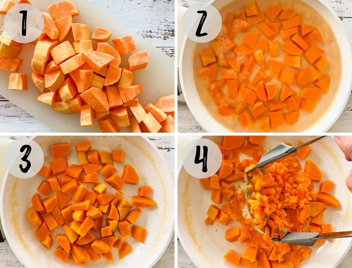 Collage of images of cubed sweet potatoes being cooked and then mashed.