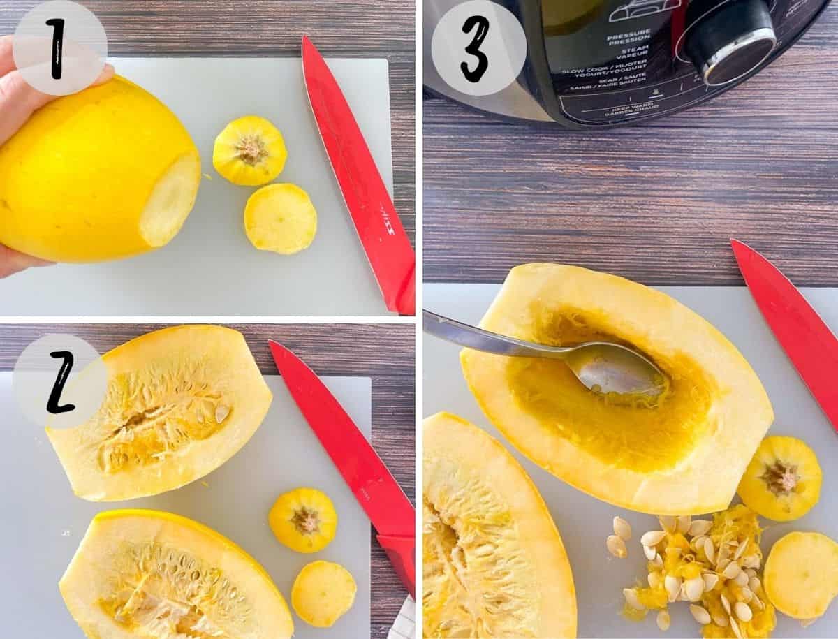 collage of images showing how to cut and halve spaghetti squash.