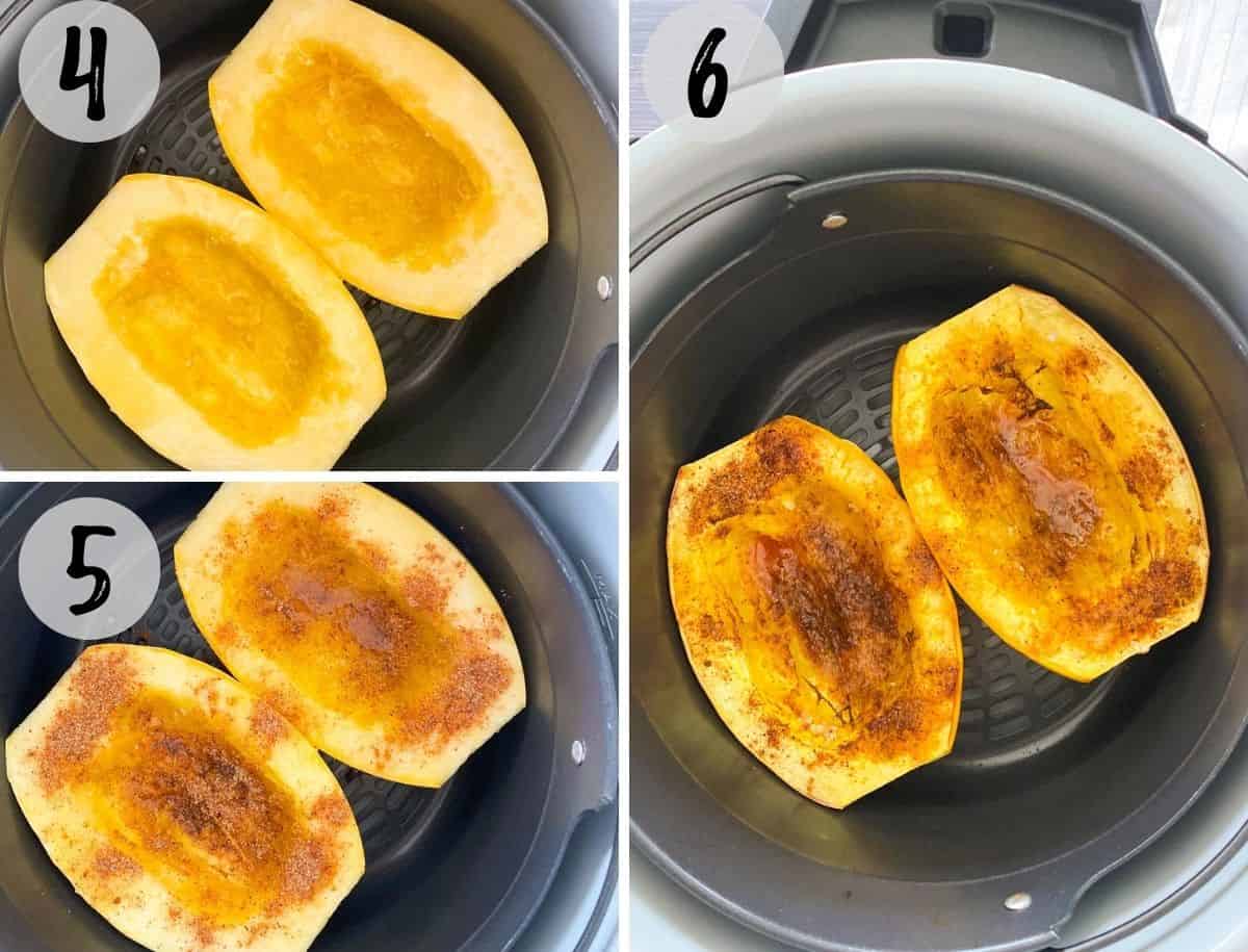 Collage of images showing uncooked spaghetti squash in air fryer and then seasoned and cooked.