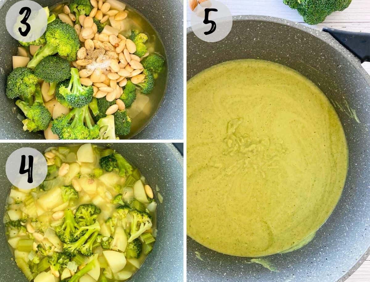 collage of images of broccoli soup being cooked, from raw, to cooked and then pureed in large pot.