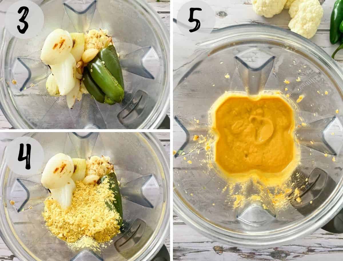Roasted veggies and seasoning in blender, before and after blending into vegan cheese dip.