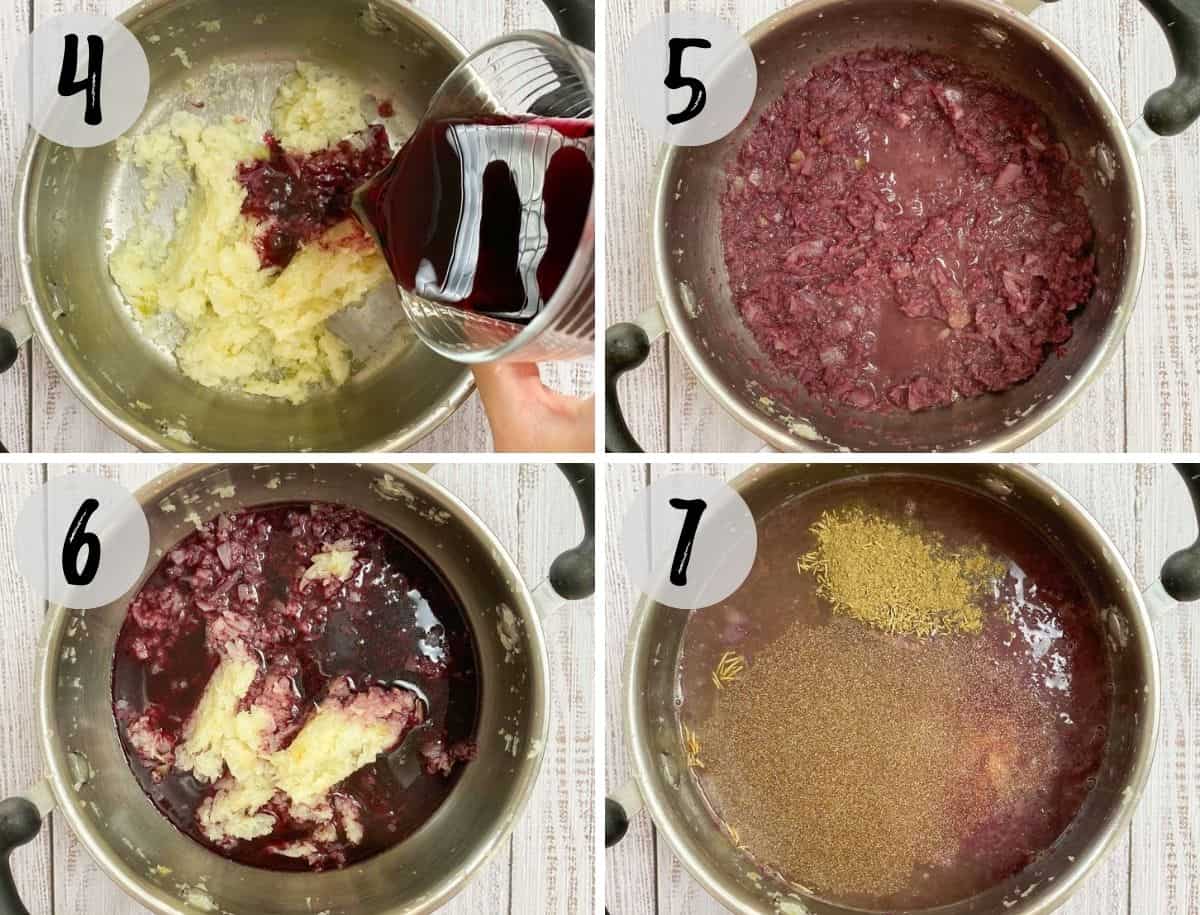Collage of images of sauce pot with cooked onion with red wine being poured in, and then reduced.