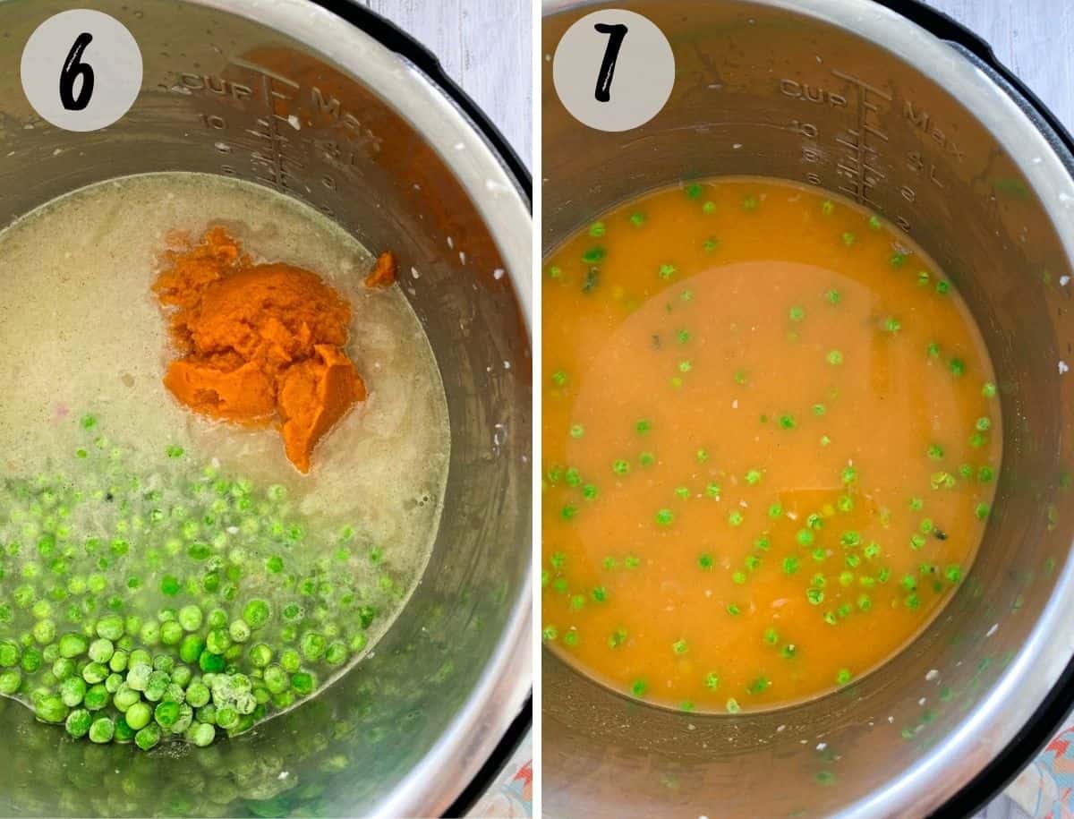 Pressure cooker with pumpkin puree, broth, peas and rice inside.