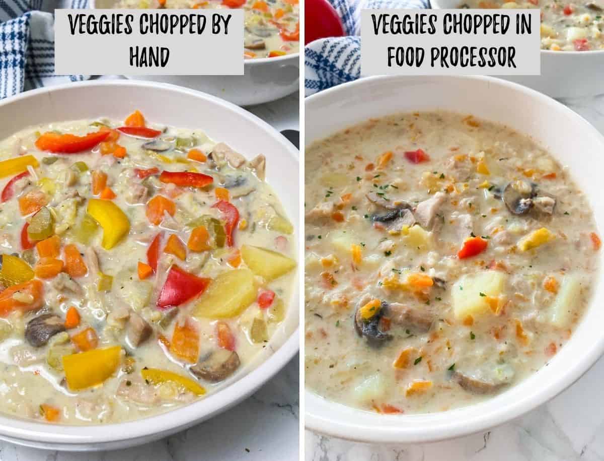 Side by side comparison of vegan chicken soup with chunky veggies or finely chopped.