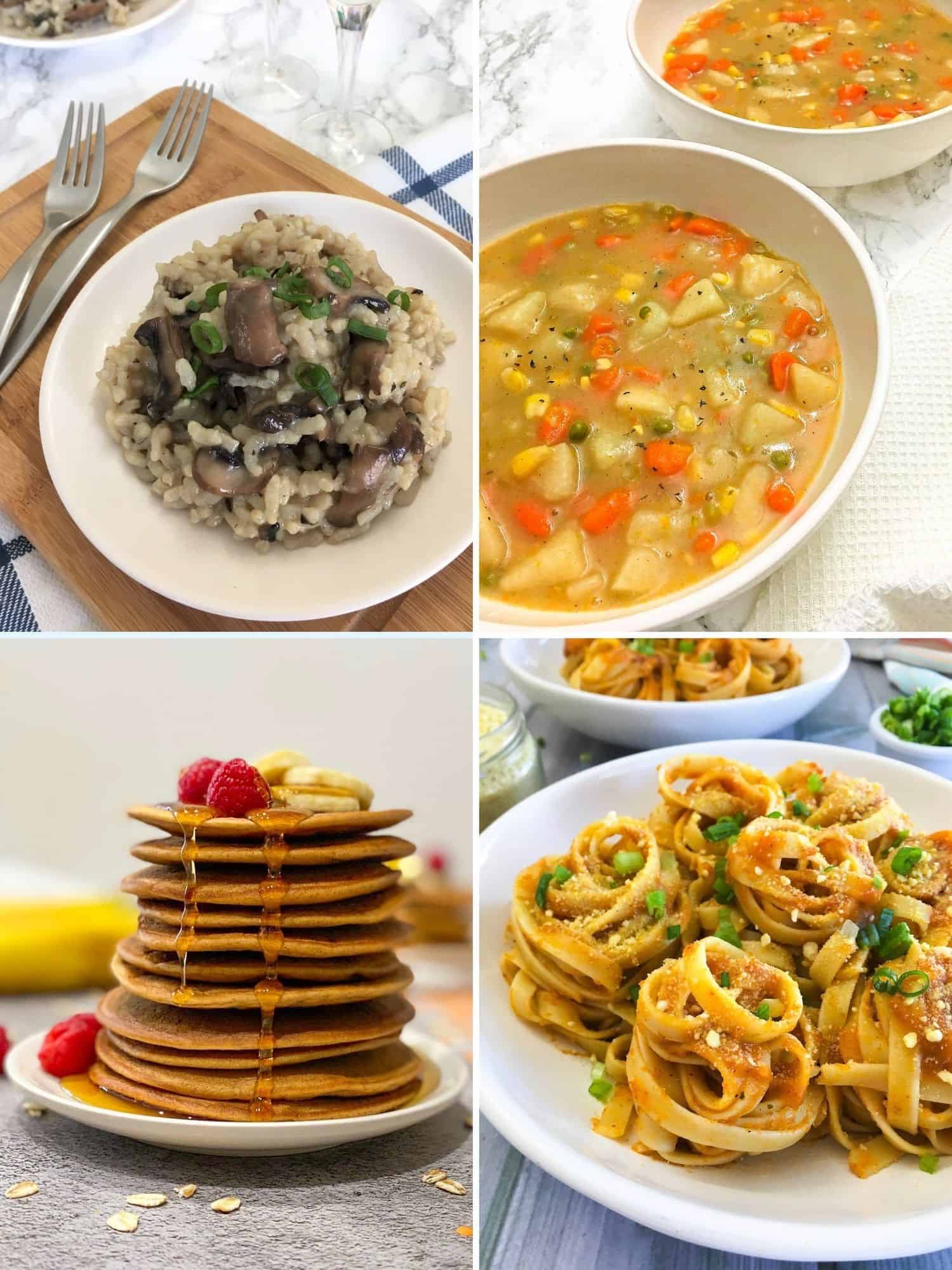 Collage of 4 food images: rice, soup, pancakes, pasta.