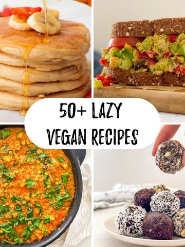 Collage of vegan recipes: pancakes, sandwich, soup, chocolate almond balls.