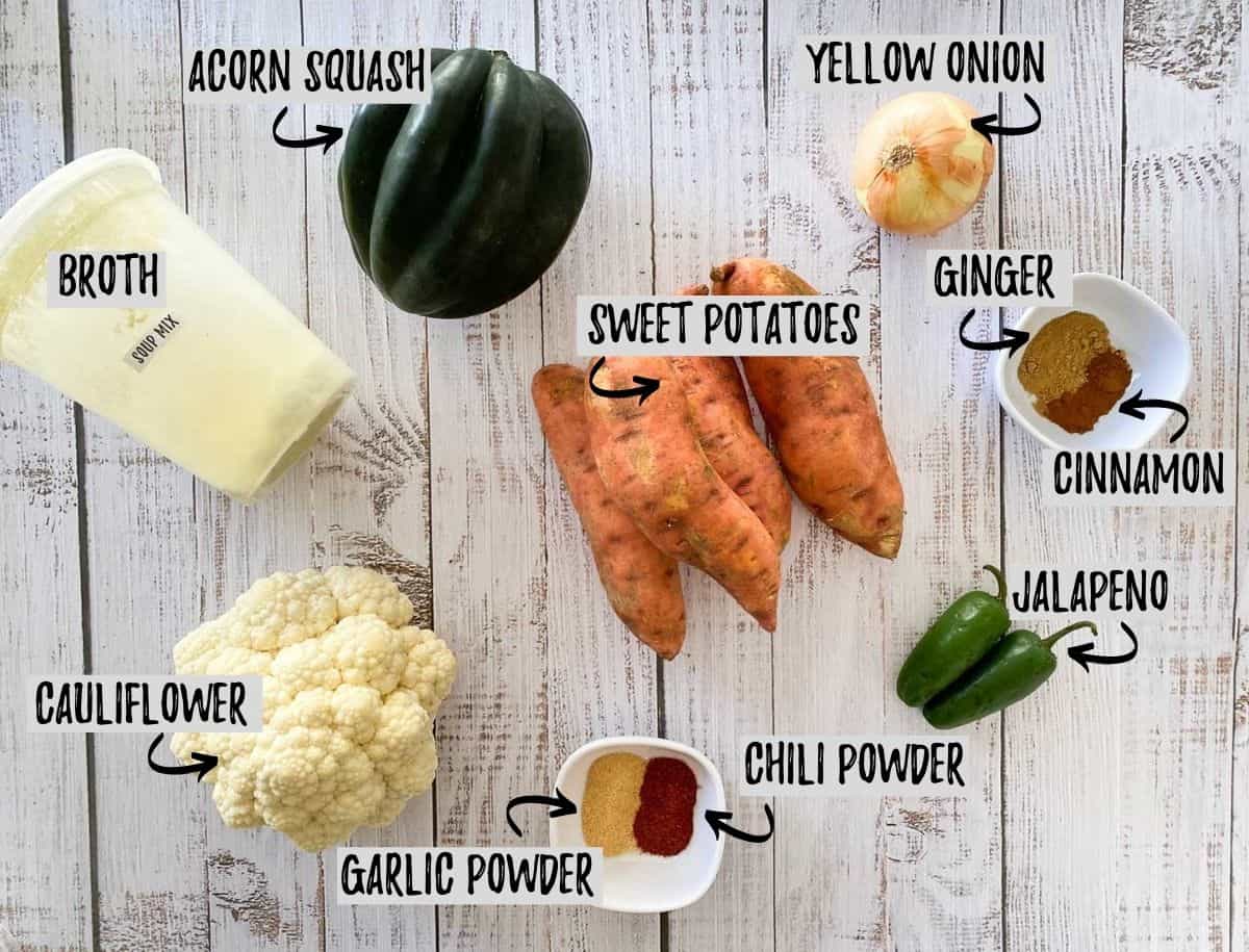 Ingredients needed to make spiced sweet potato soup.