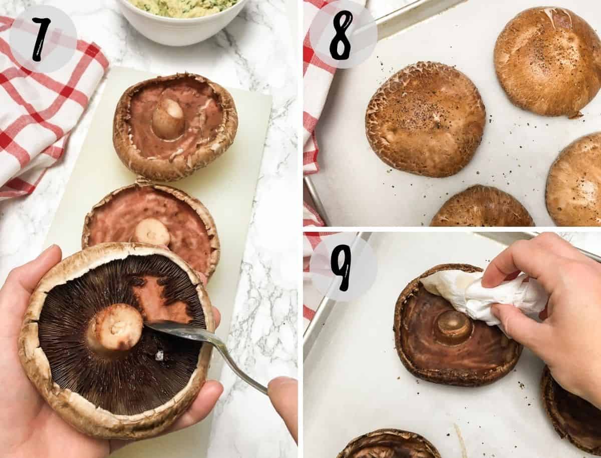 Collage of images showing mushroom gills being scraped out of portobello mushrooms and then baking them.