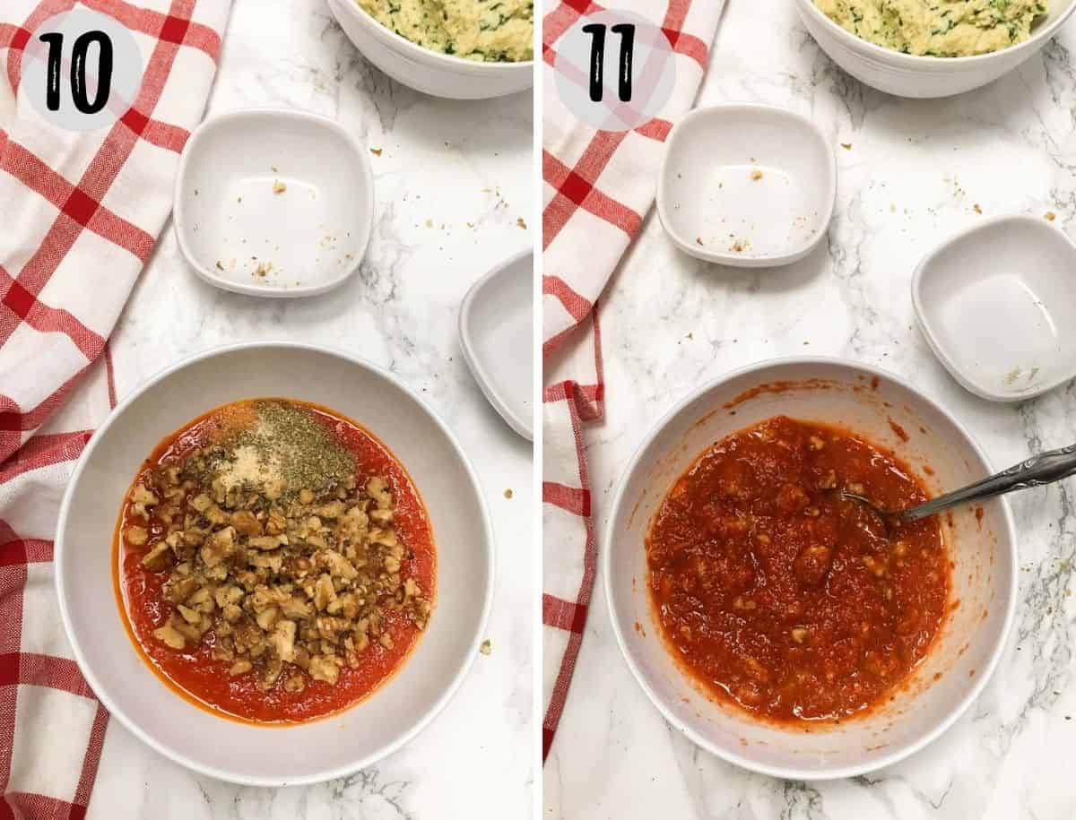 Bowl of tomato sauce with seasoning and walnuts inside.
