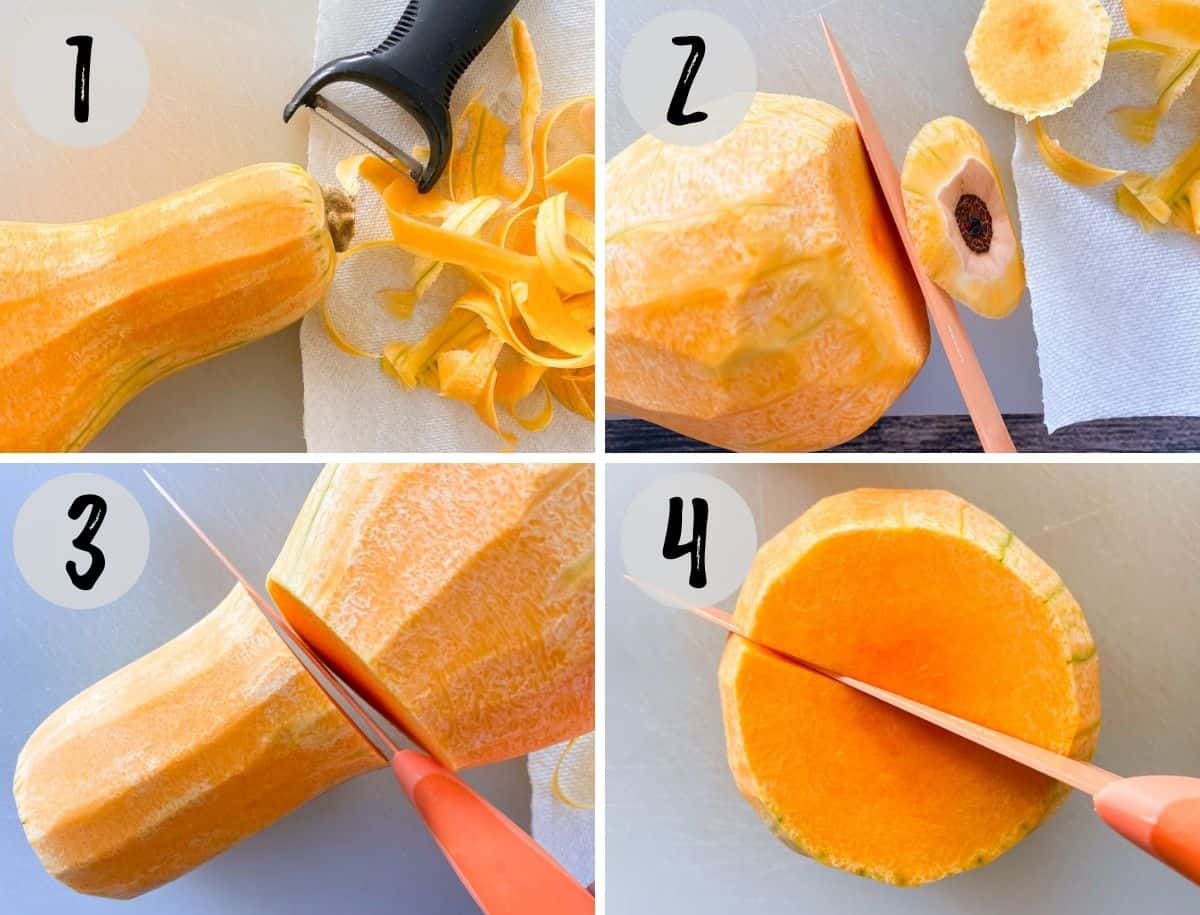 Collage of images showing how to cut a butternut squash.