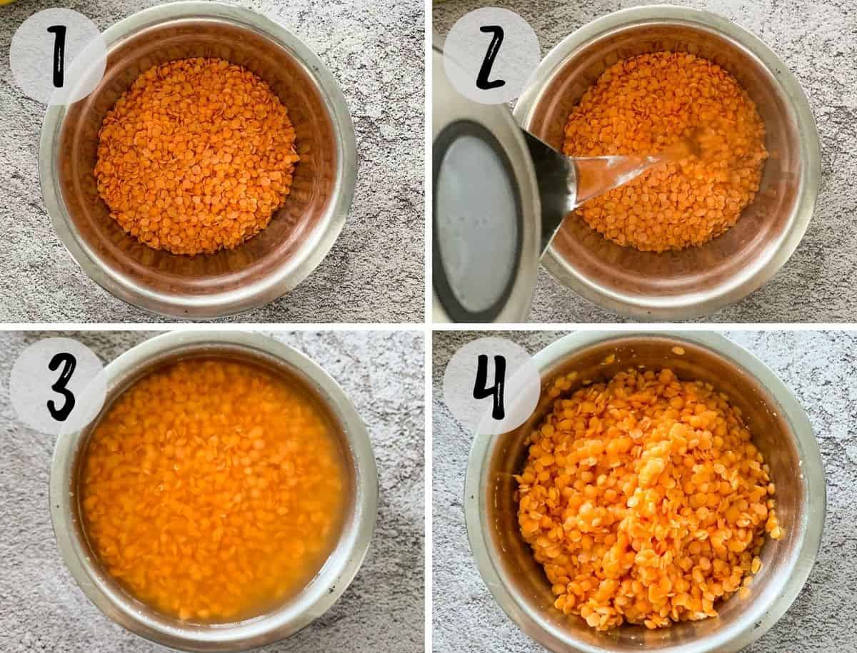 Collage of images of lentils in bowl, covered in water and then drained.