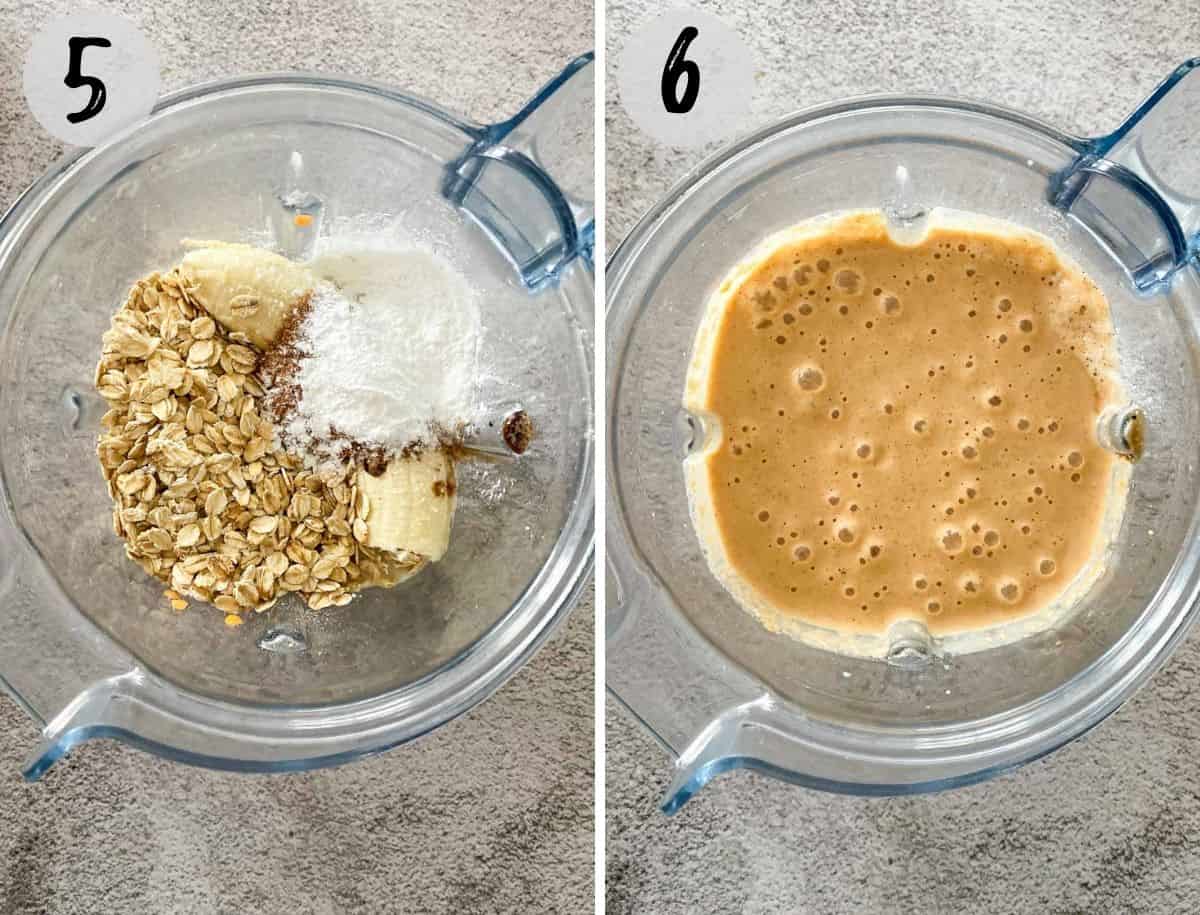 Oats, banana, lentils, milk and baking powder in blender being processed into pancake batter.