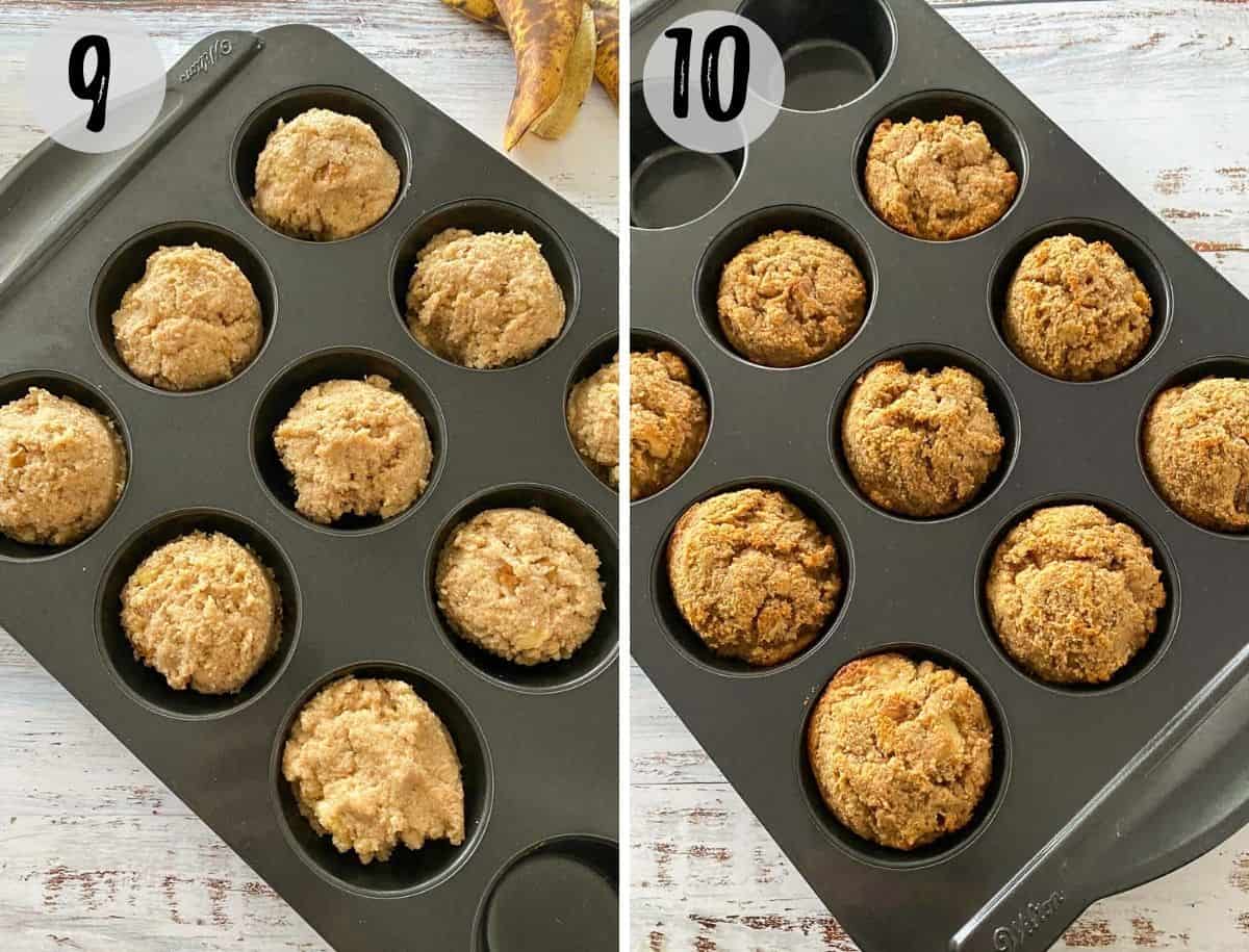 Muffins in muffin pan before and after baking.