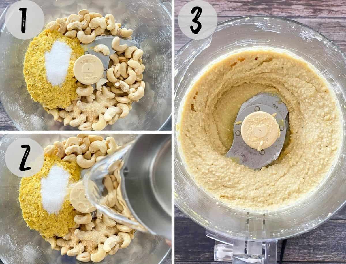 Cashews, seasoning and water being processed in food processor to make ricotta.