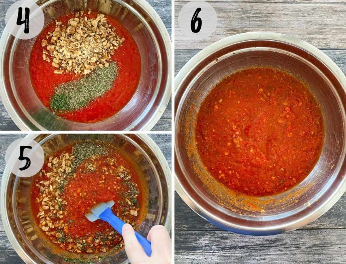 Tomato sauce being mixed with walnuts and seasoning in a large mixing bowl.