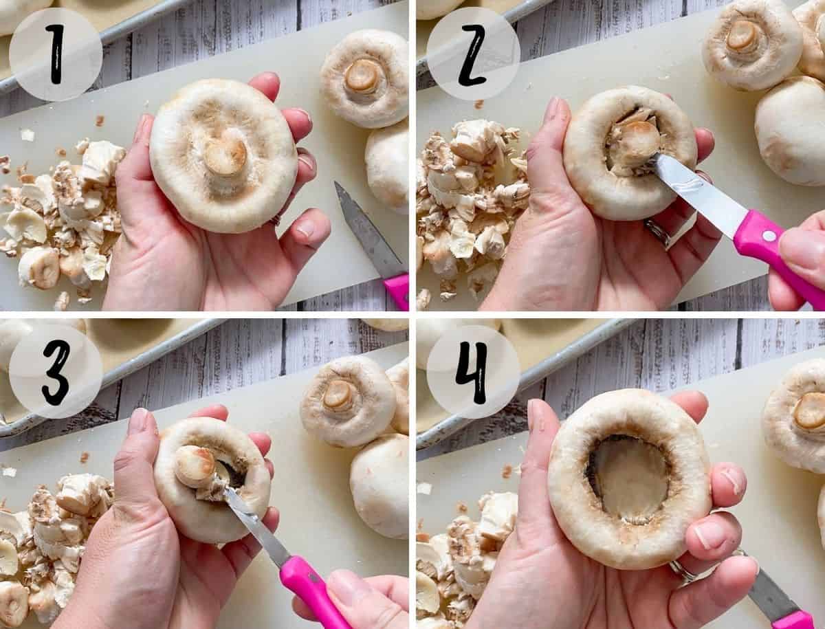 Hand holding mushroom and stem being cut out from the middle of it.