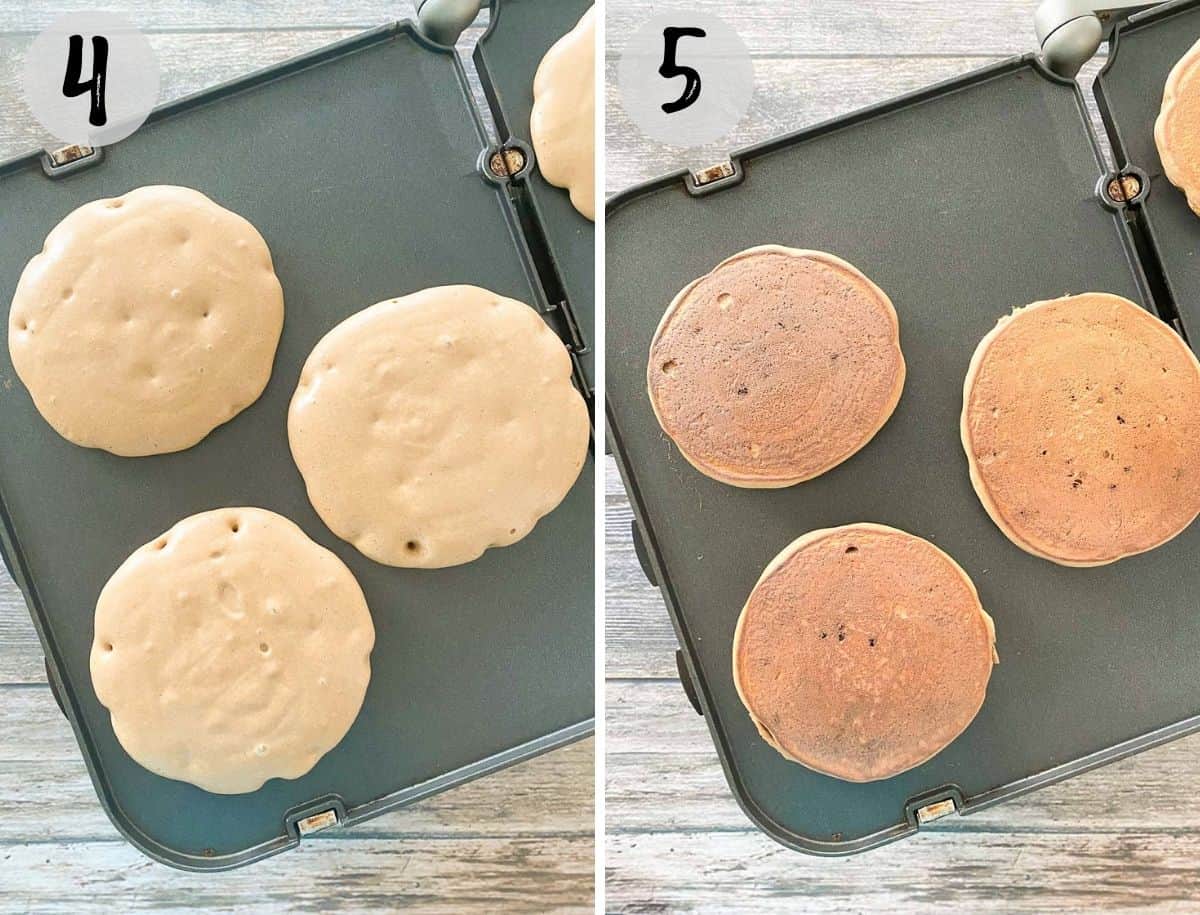 Pancakes cooking on griddle and being flipped to cook other side.