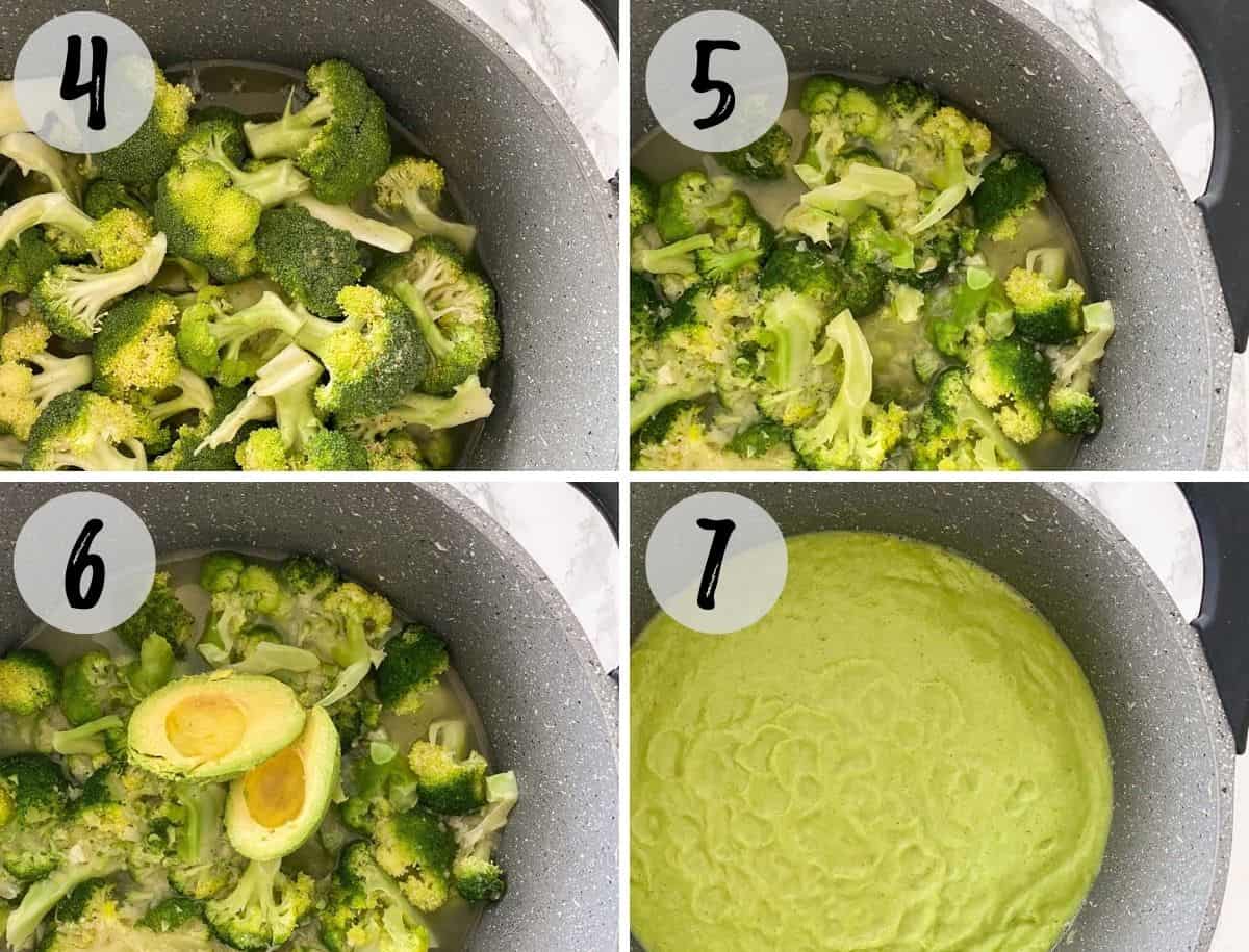 Broccoli soup in pot before and after pureeing.