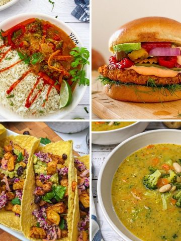 Image collage: Thai curry, sweet potato burger, potato tacos and broccoli soup.