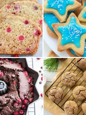 Image collage of cranberry bread, sugar cookies, chocolate bundt loaf and ginger cookies.