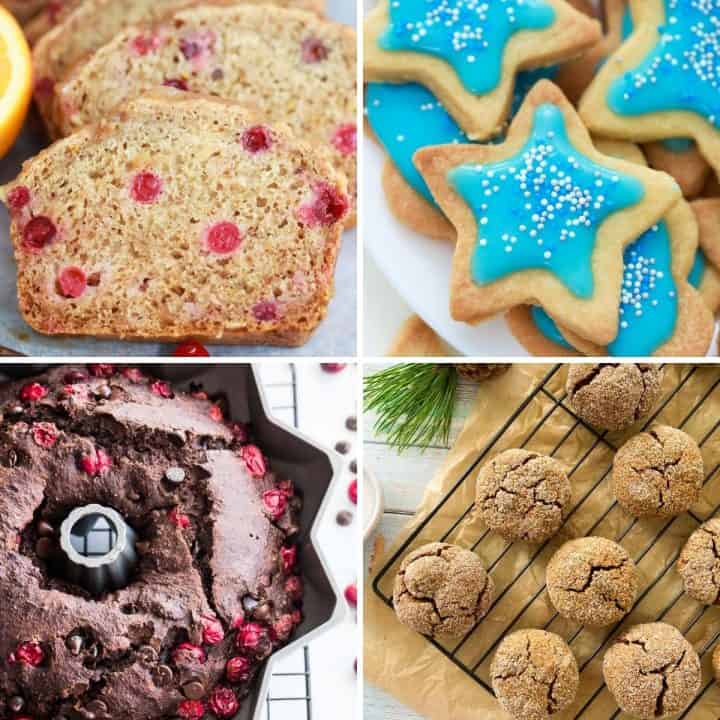 Image collage of cranberry bread, sugar cookies, chocolate bundt loaf and ginger cookies.