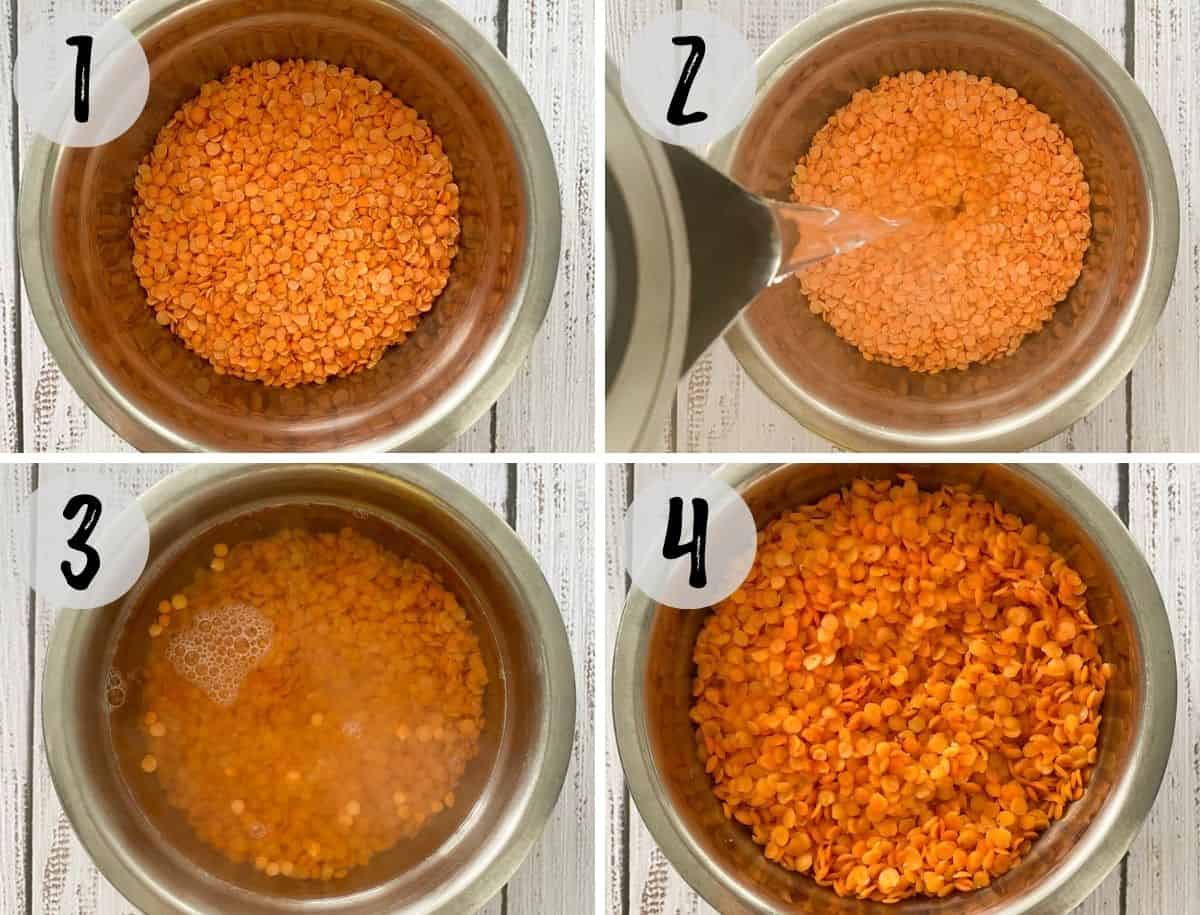 Red lentils soaking in bowl with water.