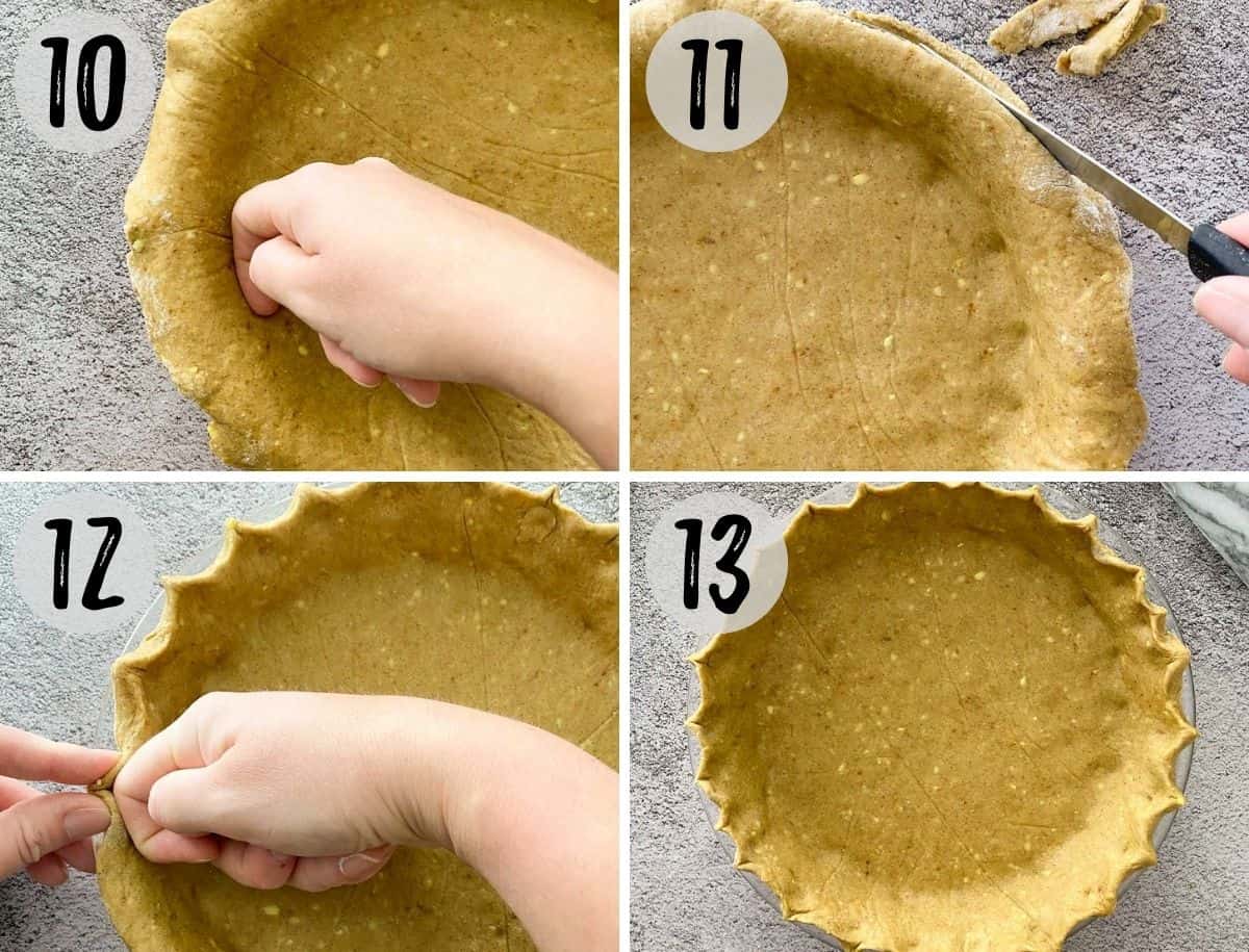 Hand pressing dough into pie plate and cutting excess edges.