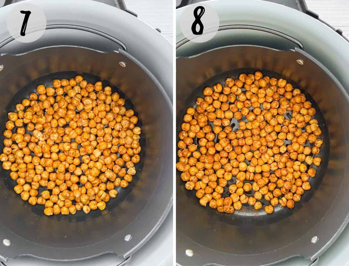 Seasoned chickpeas in air fryer basket before and after air frying.