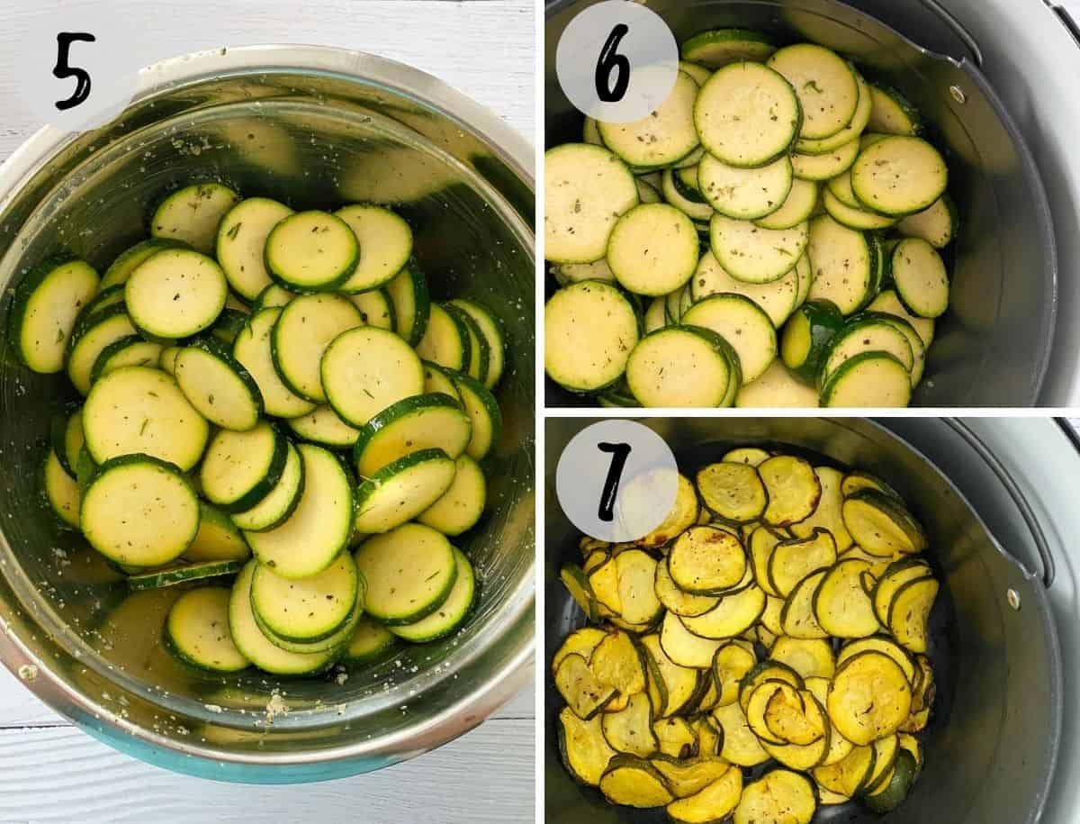 Zucchini chips inside air fryer basket, before and after cooking.