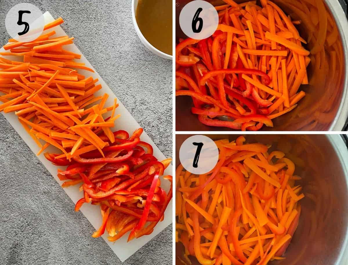 Carrot and pepper sticks on cutting board and then inside pot.