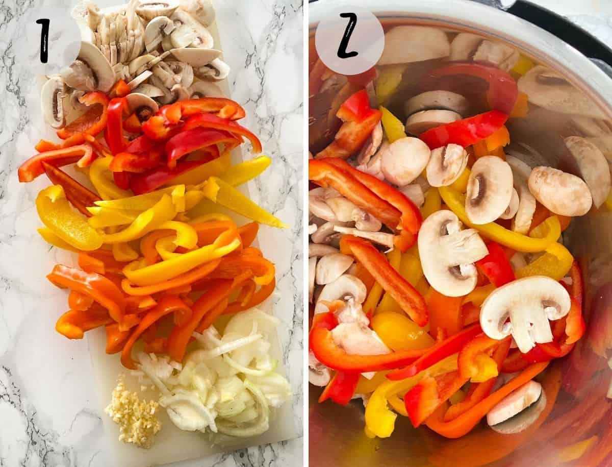 Sliced mushrooms, peppers and onion on white cutting board and then in pot to sauté.