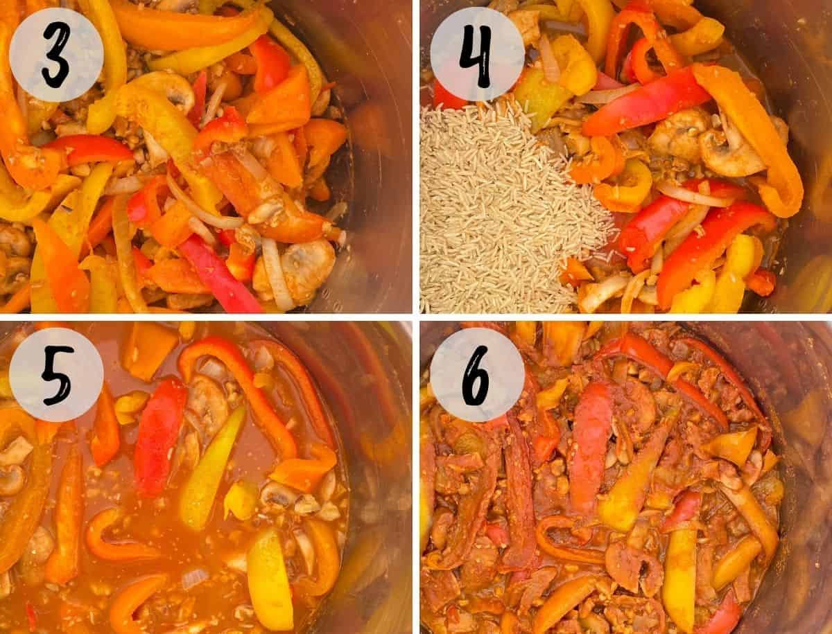 Instant Pot with veggies, rice and tomato sauce before and after pressure cooking.