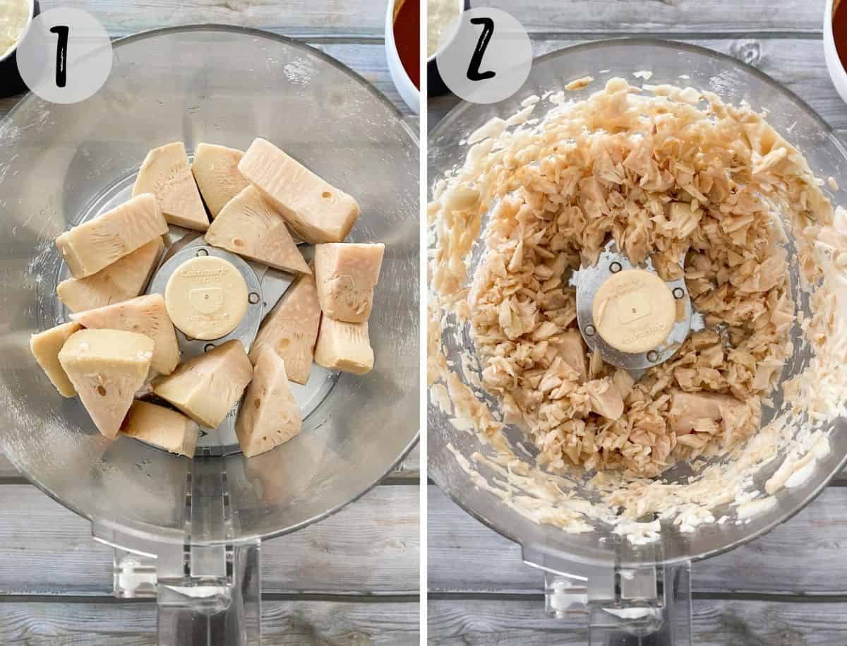 Jackfruit in food processor before and after processing.