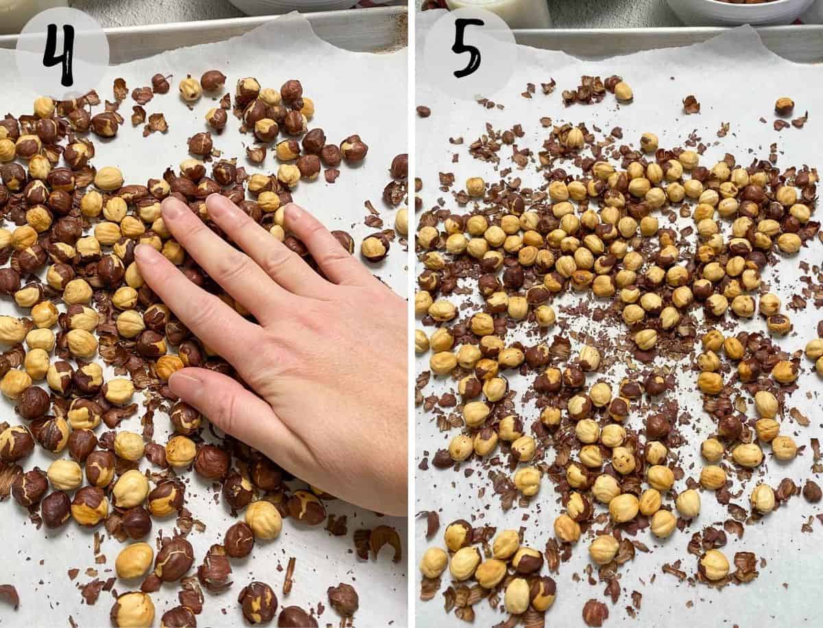 Hand removing skin from roasted hazelnuts.