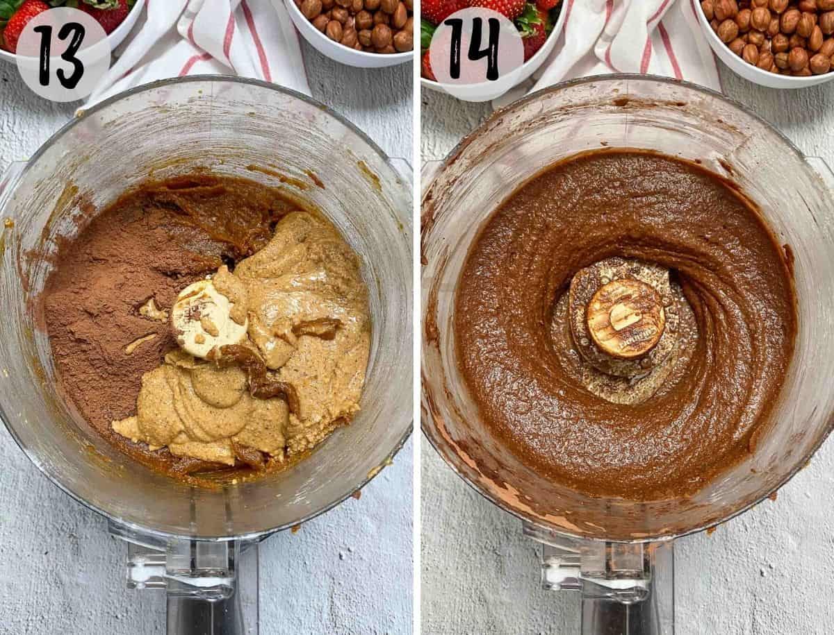 nut butter and cocoa powder and date paste in food processor to make nutella