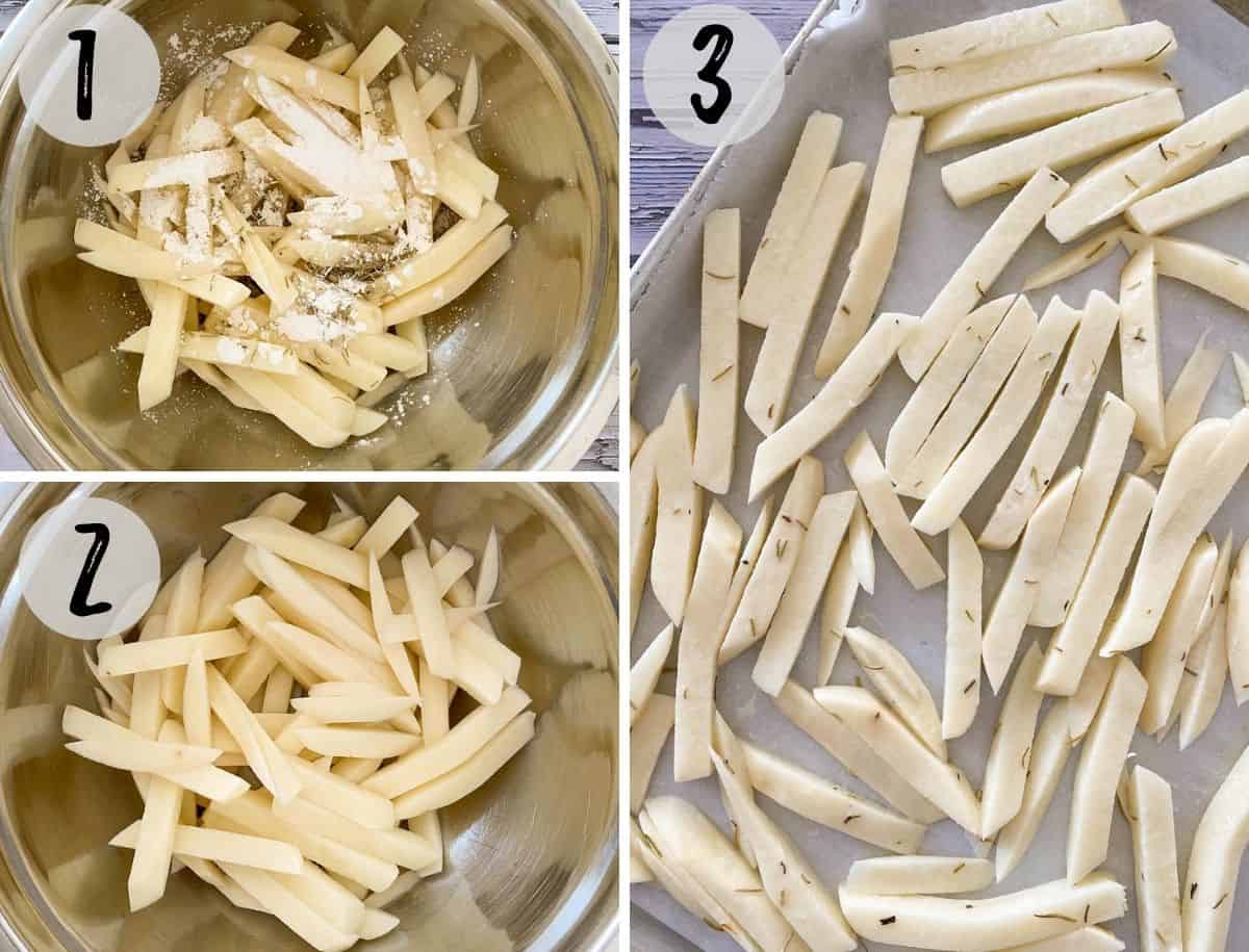 French fries in mixing bowl with seasoning and then transferred to baking tray.