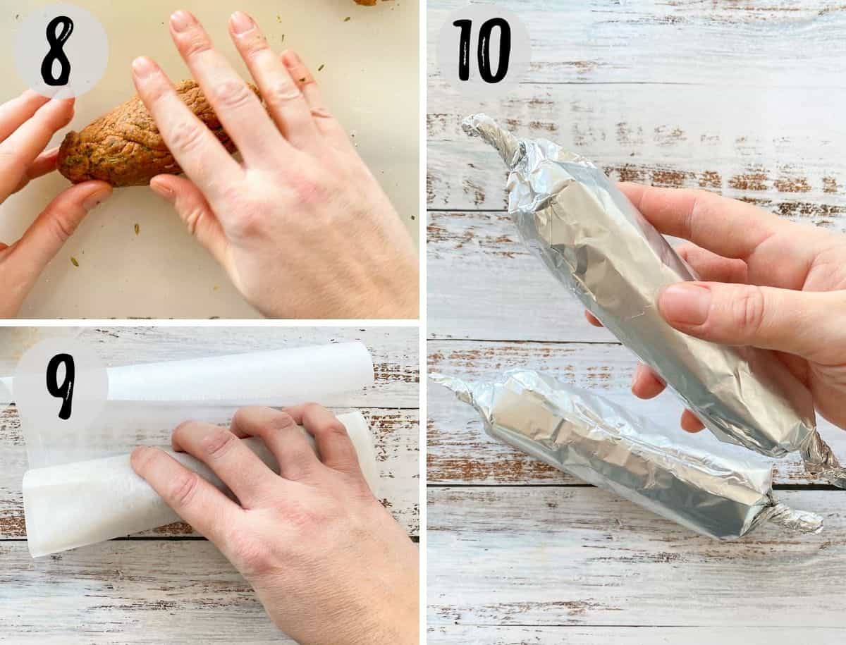 Hands rolling dough into log shape and wrapping in foil.