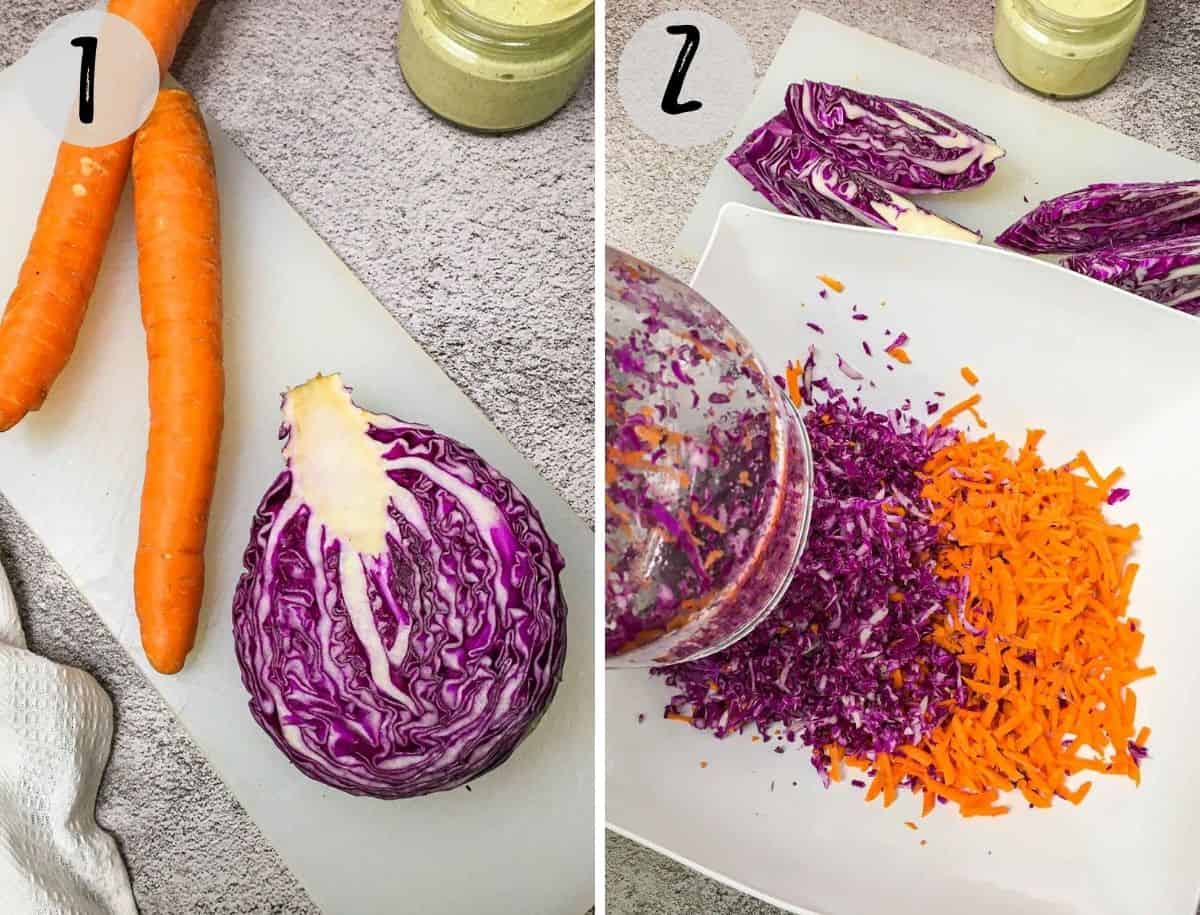 purple cabbage and carrots on cutting board and being shredded