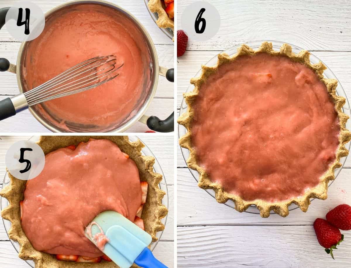 Whisking strawberry filling in pot and then pouring over pie crust and spreading smooth.