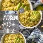 avocado mac and cheese pin with text overlay.