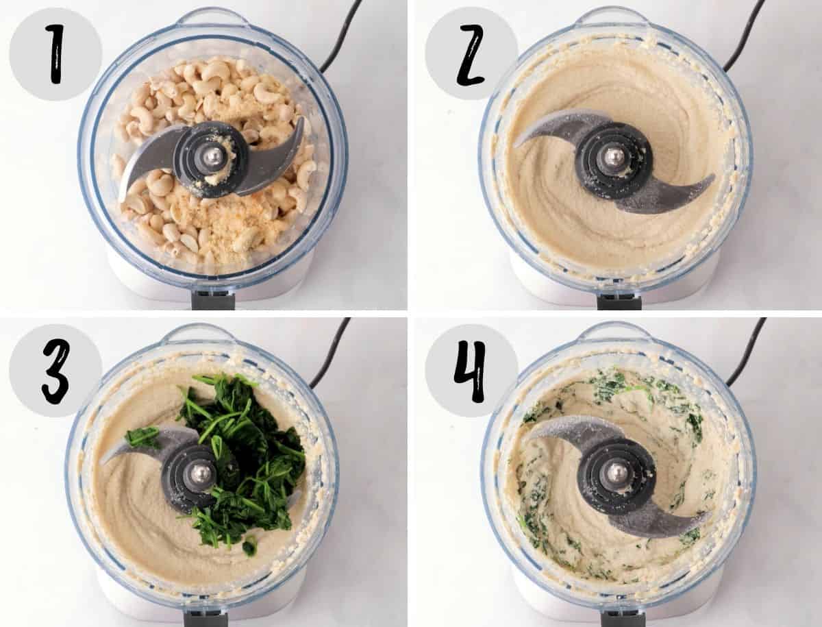 Food processor with cashews, water and seasoning being blended into cashew ricotta.