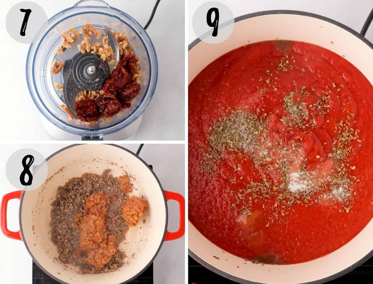 Food processor with walnuts and sun dried tomatoes and pot of sauce with seasoning.